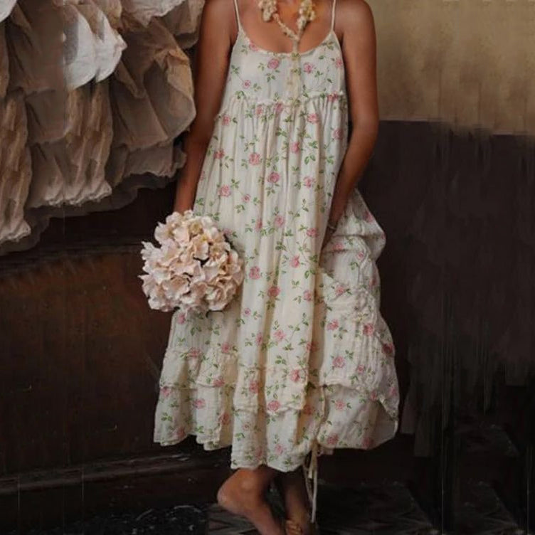 Women's Floral Print Spaghetti Strap Sundress-Retro High Waist Long Dress