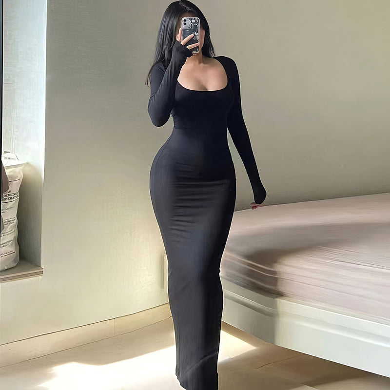 Women's Autumn Winter Slim-Fit Square Neck Long Sleeve Solid Color Maxi Dress