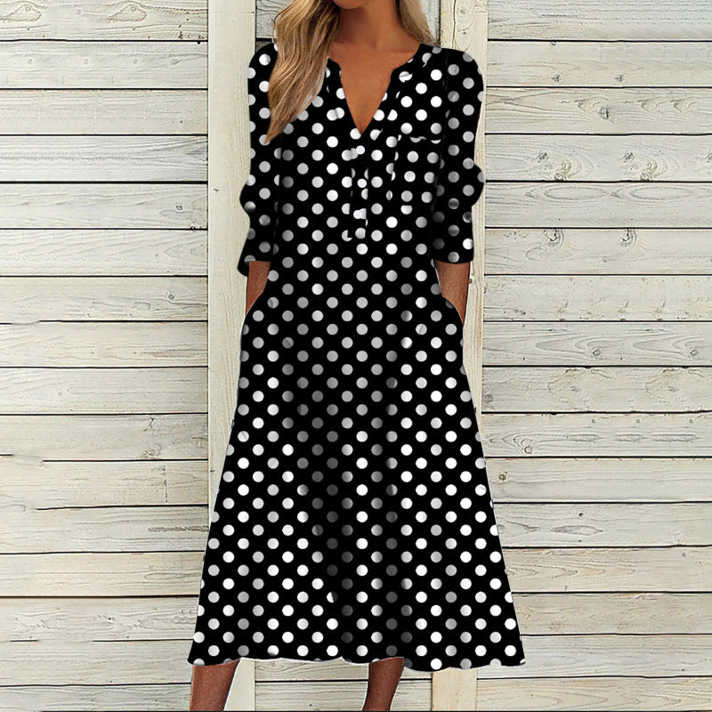 Women's Casual V-Neck Leopard Polka Dot Plaid Print Loose Midi Dress