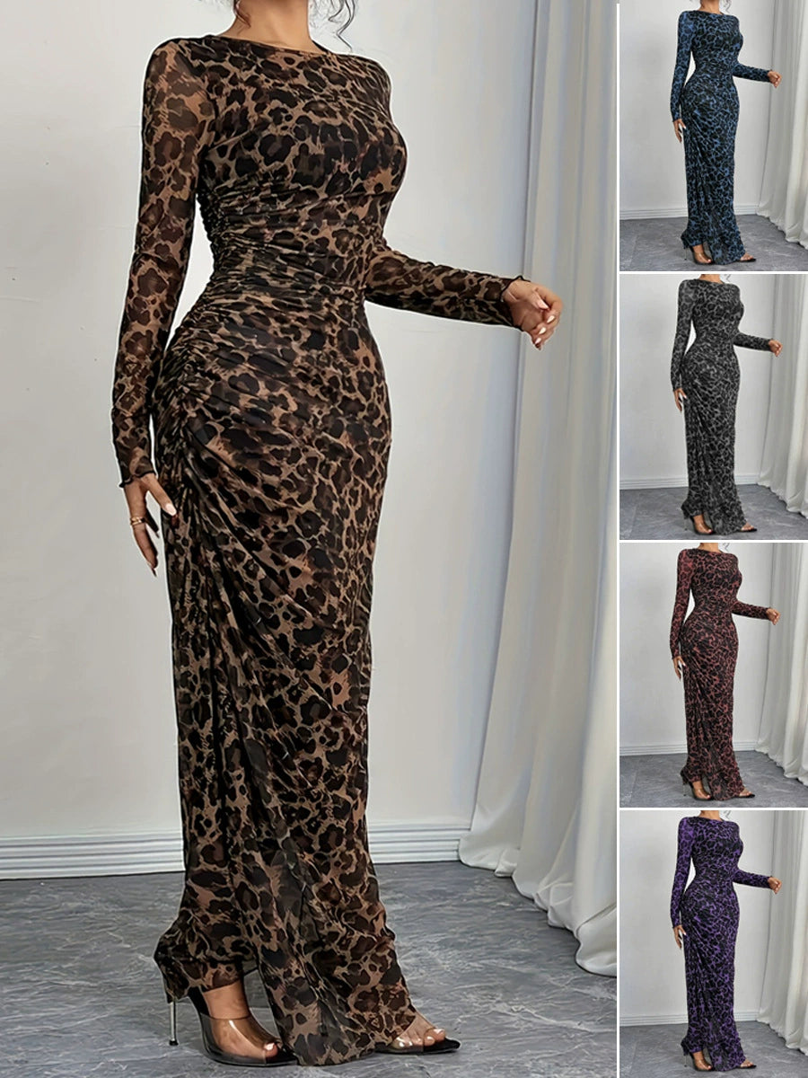 Women's Sexy Leopard Print See-Through Long Sleeve Bodycon Maxi Dress