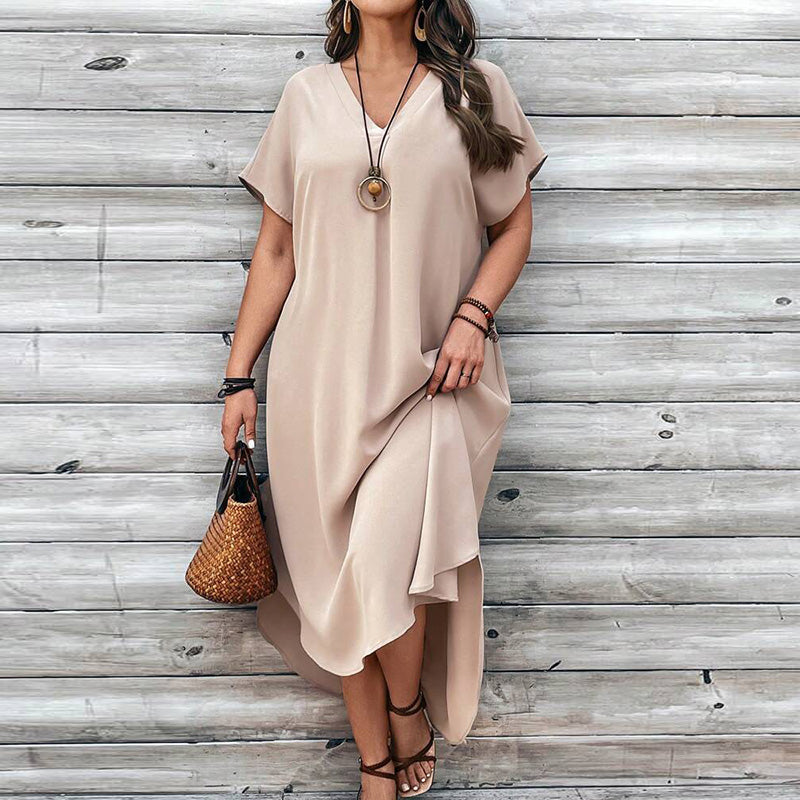 Spring and Summer Plus Size Women Casual V-Neck Irregular Skirt Dress