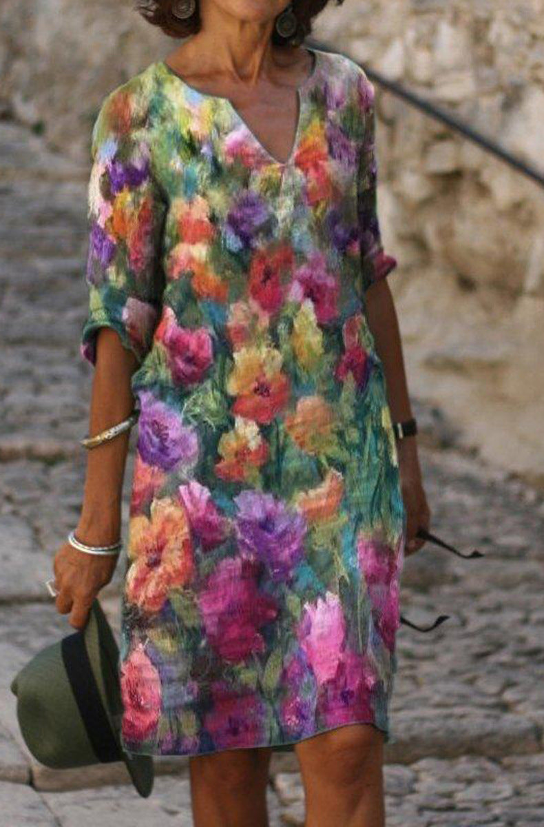 Women's Casual Elegant Flower Printed Short Sleeve V-Neck Loose A-Line Dress