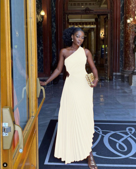 Women's One Shoulder Hollow Pressed Pleated Maxi Dress