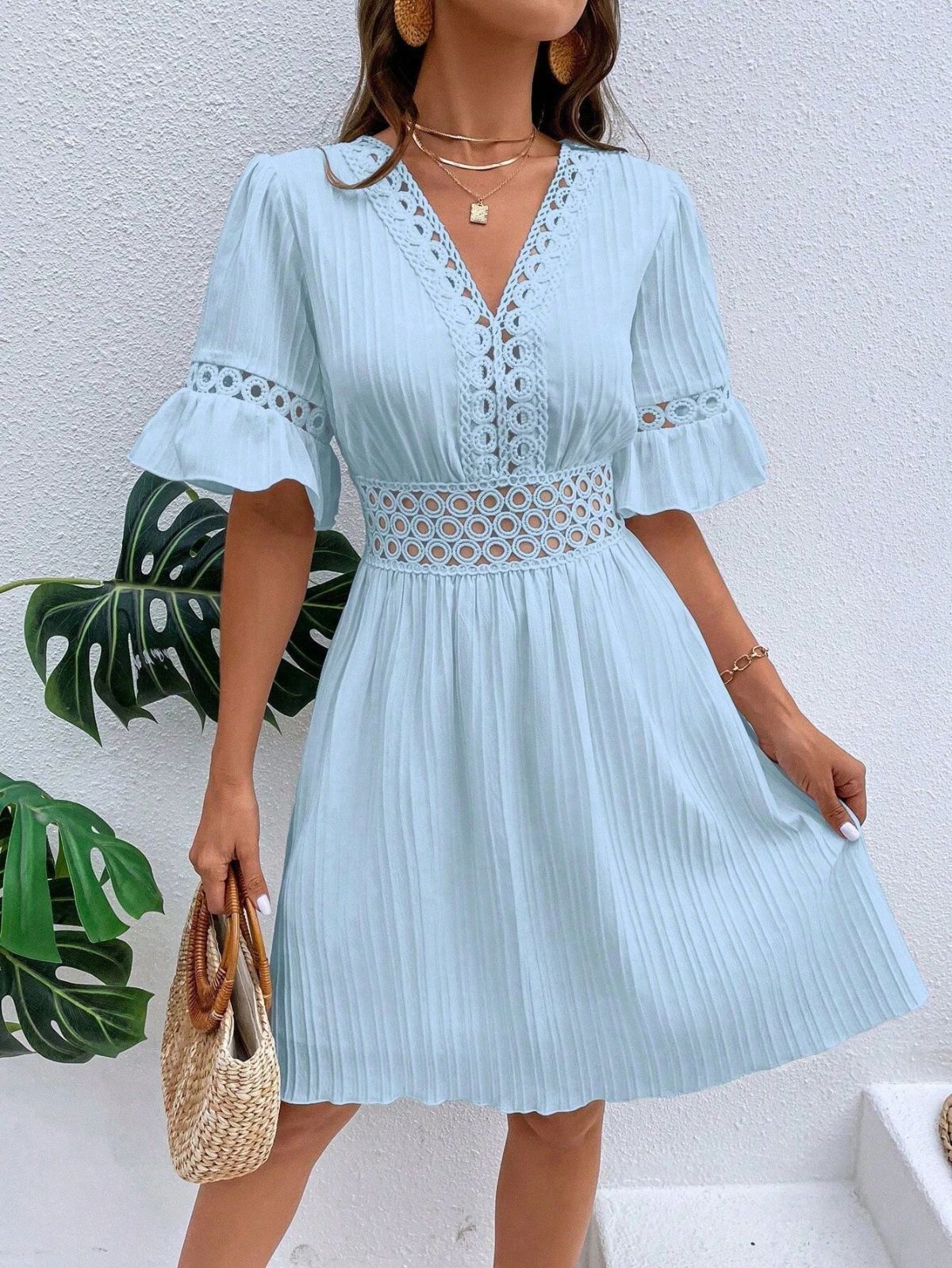 Women's Solid Color Hollow V-Neck Dress