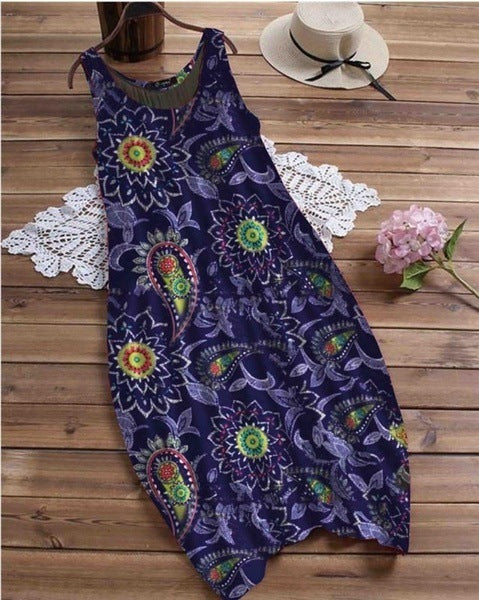 Women's Casual Chiffon Plant Printing Round Neck Sleeveless Dress
