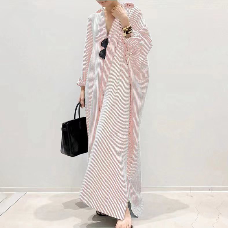 Women's Loose Stripe Print Large Size Maxi Dress, with Raglan