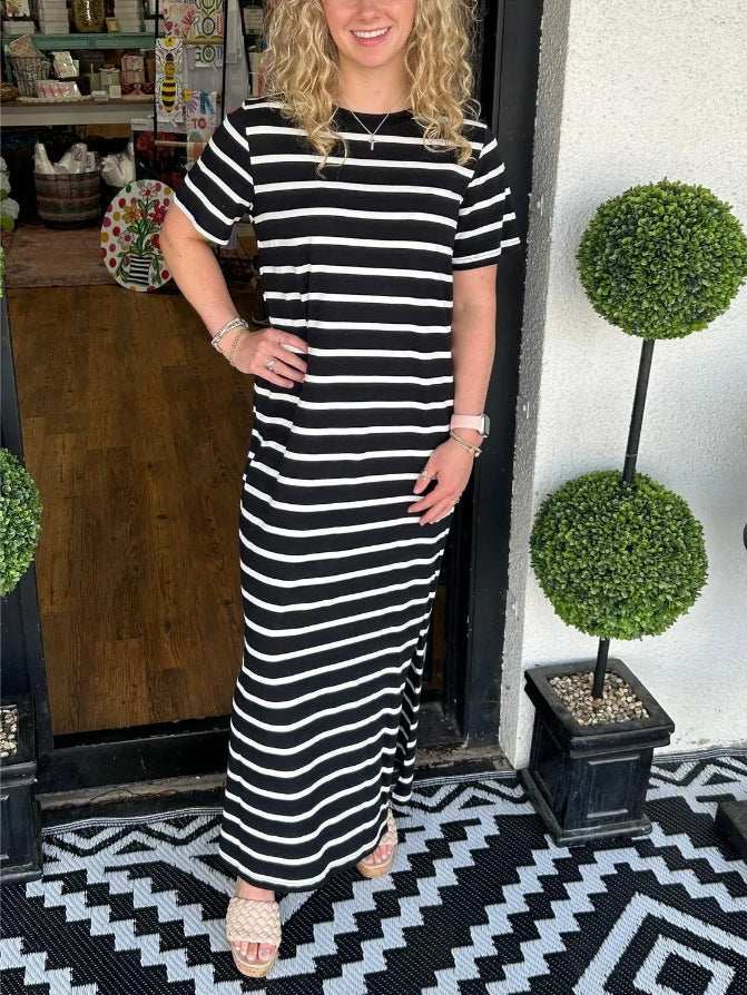 Women's Casual Side Pocket Stripe Round Neck Side-Slit Short Sleeve Maxi Dress