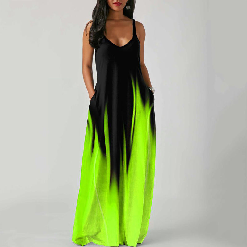 Women's Summer Plus Size Gradient Color Print Deep V-Neck Sleeveless Loose Dress
