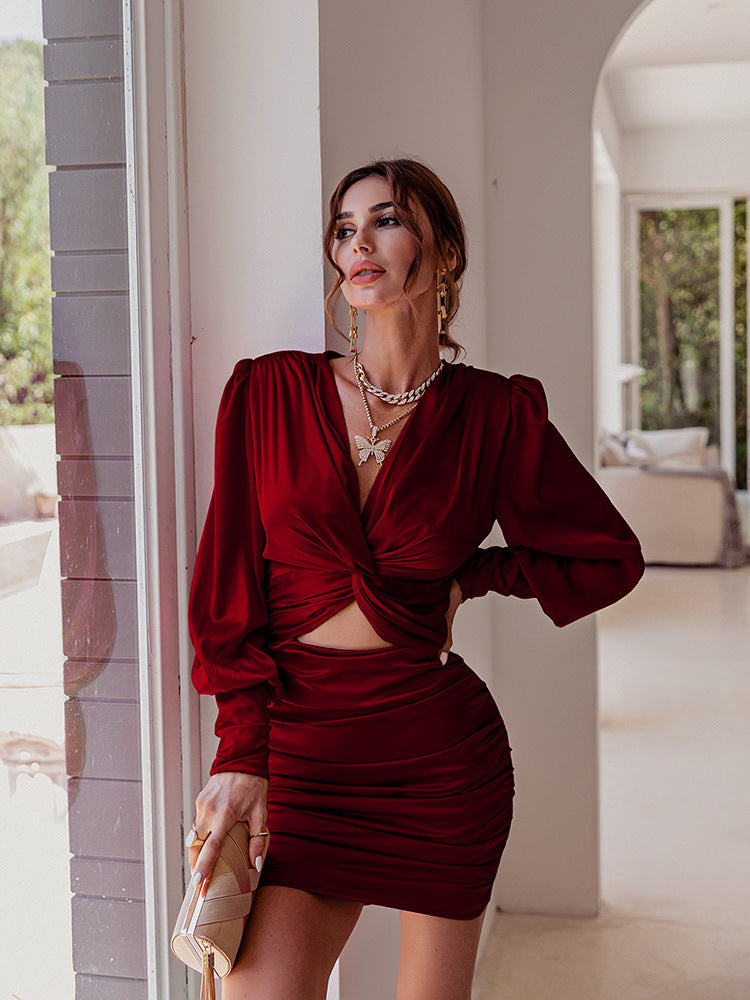Women's Elegant Solid Satin Long Sleeve Knotted Cut Out Sweet Dating Dress