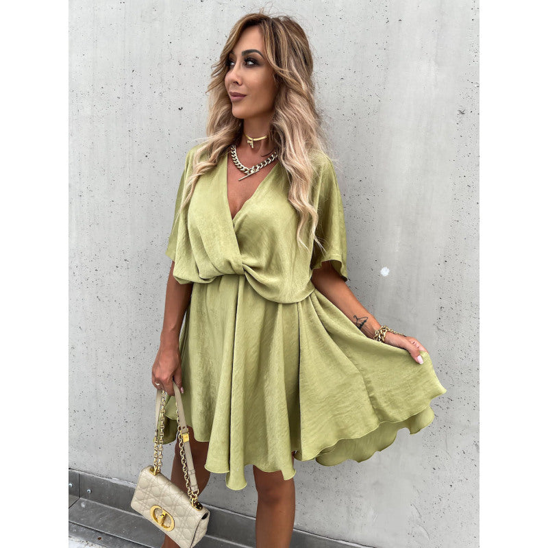 Spring Summer Solid Color Satin Loose Casual Vacation V-Neck Dress