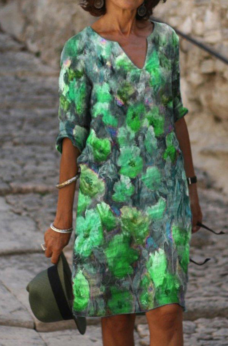 Women's Casual Elegant Flower Printed Short Sleeve V-Neck Loose A-Line Dress