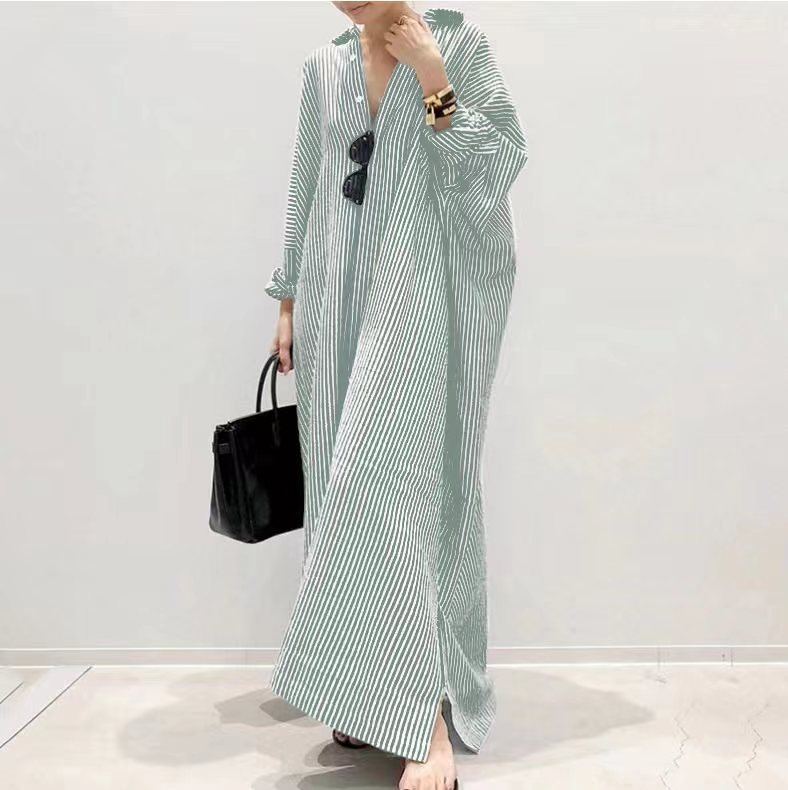 Women's Loose Stripe Print Large Size Maxi Dress, with Raglan