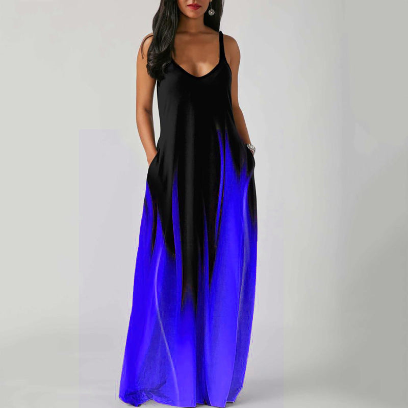 Women's Summer Plus Size Gradient Color Print Deep V-Neck Sleeveless Loose Dress