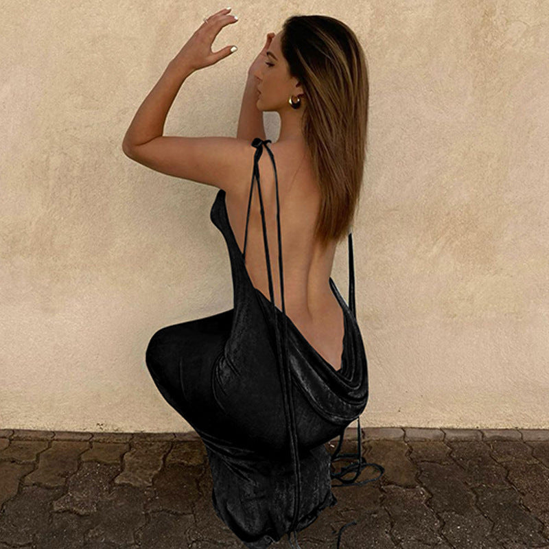 Women's Sexy Backless Lace-Up Halter Neck Slim Maxi Dress