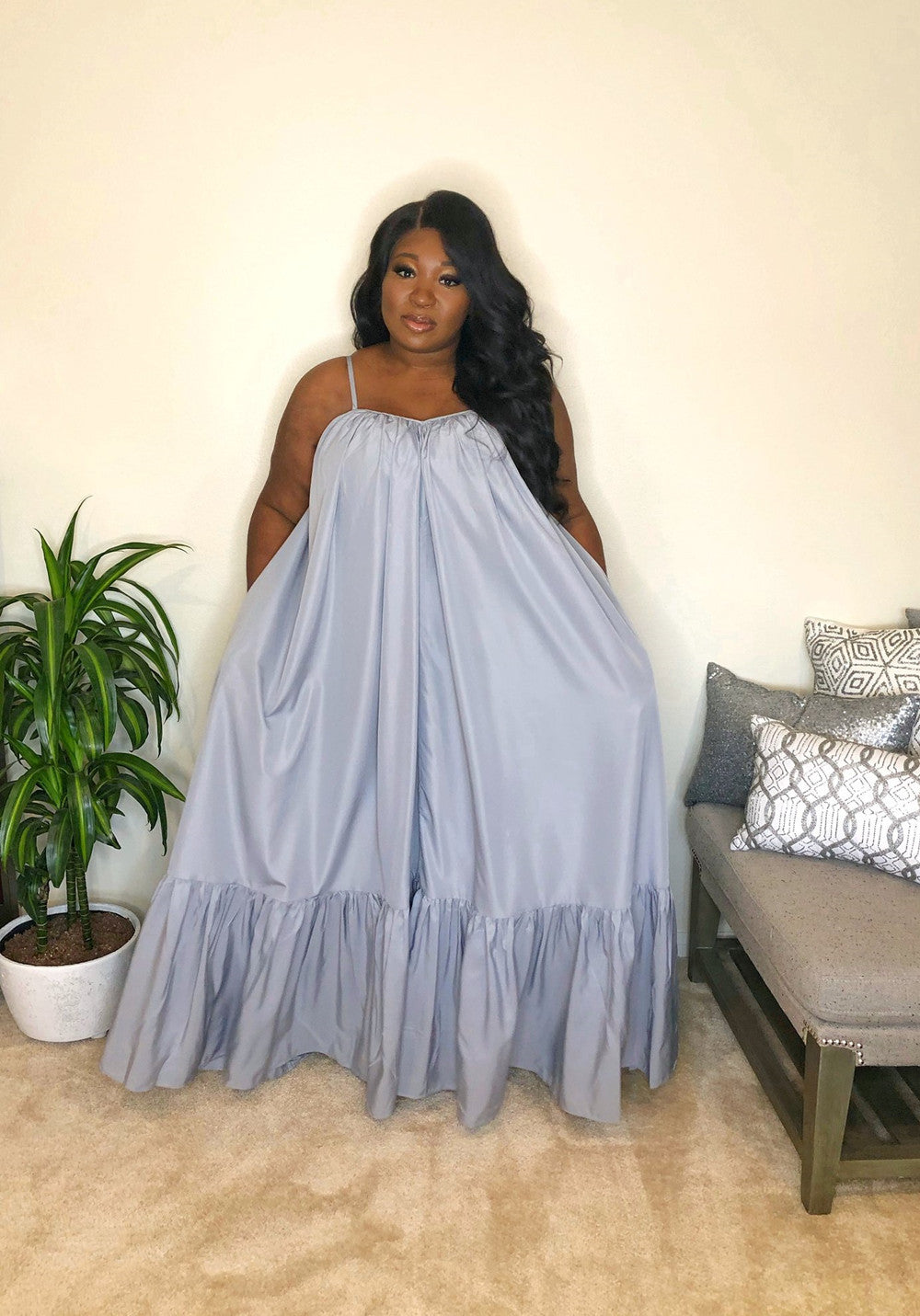 Women's Summer Loose Solid Color Sling Maxi Dress, with Pile