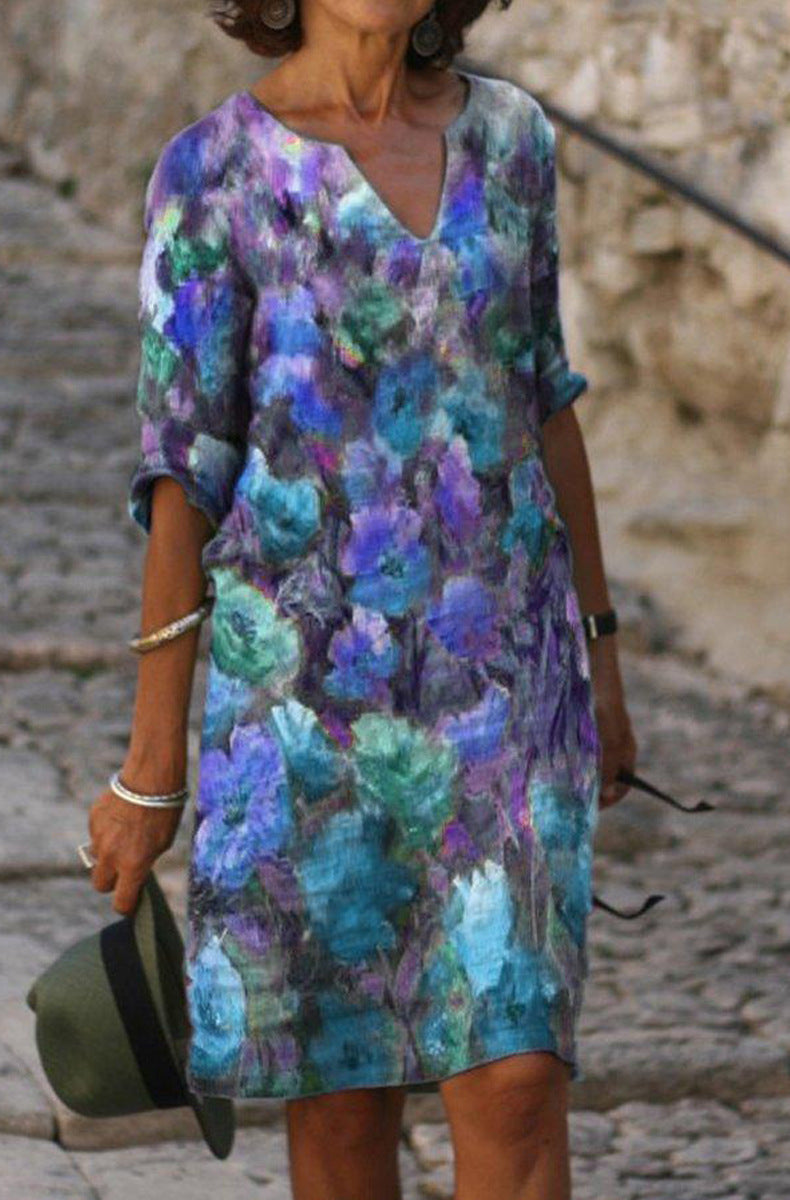 Women's Casual Elegant Flower Printed Short Sleeve V-Neck Loose A-Line Dress