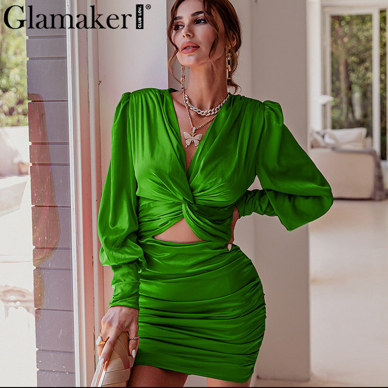 Women's Elegant Solid Satin Long Sleeve Knotted Cut Out Sweet Dating Dress