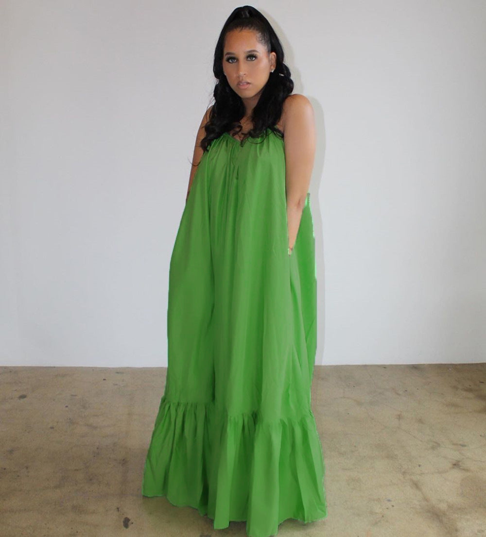 Women's Summer Loose Solid Color Sling Maxi Dress, with Pile