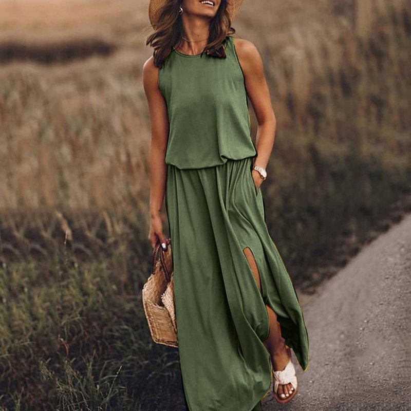 Women's Summer Casual Round Neck Sleeveless Side-Slit Solid Color Long Dress