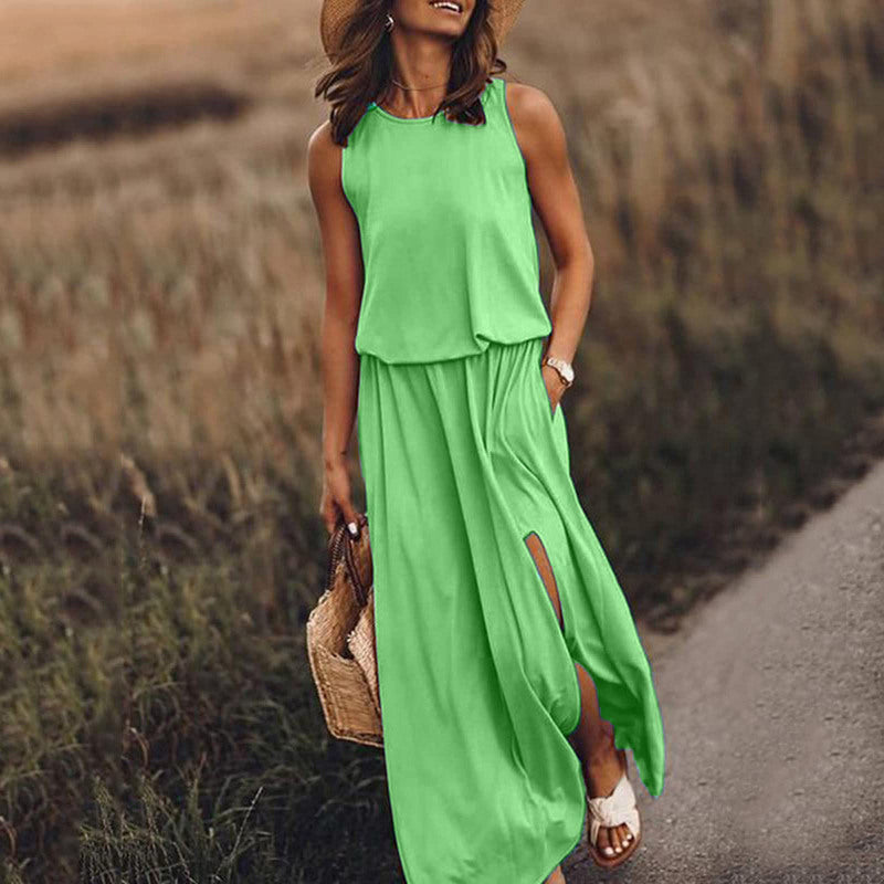 Women's Summer Casual Round Neck Sleeveless Side-Slit Solid Color Long Dress