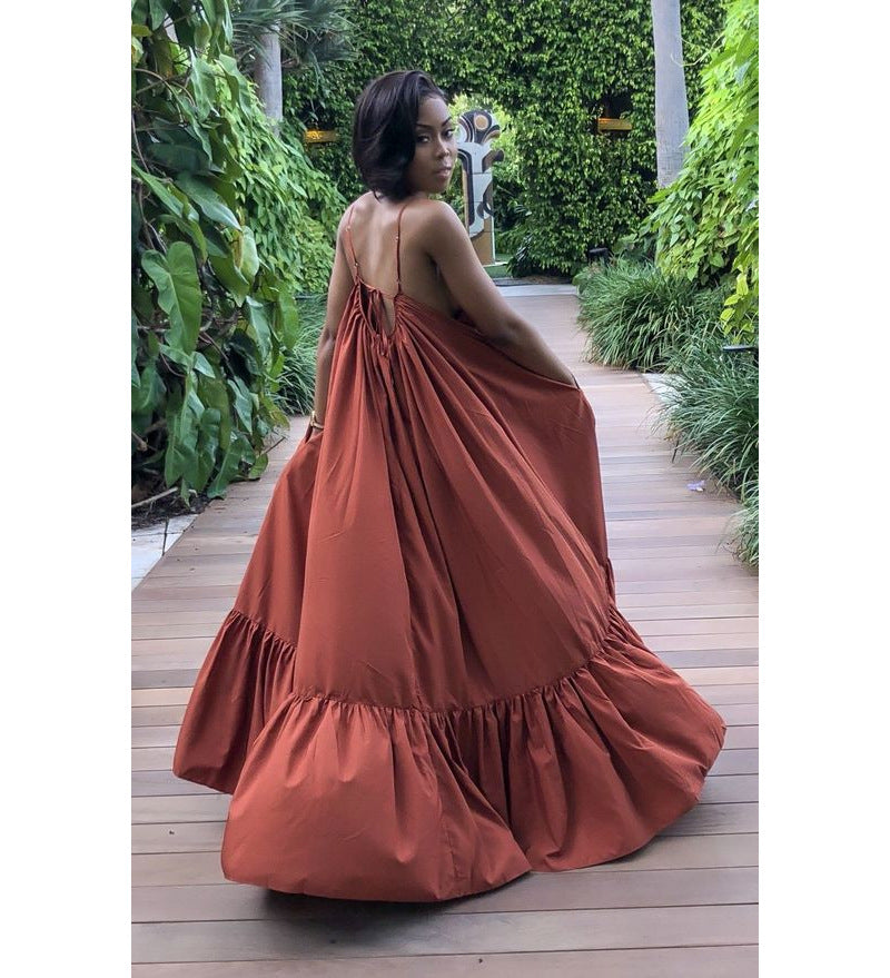 Women's Summer Loose Solid Color Sling Maxi Dress, with Pile