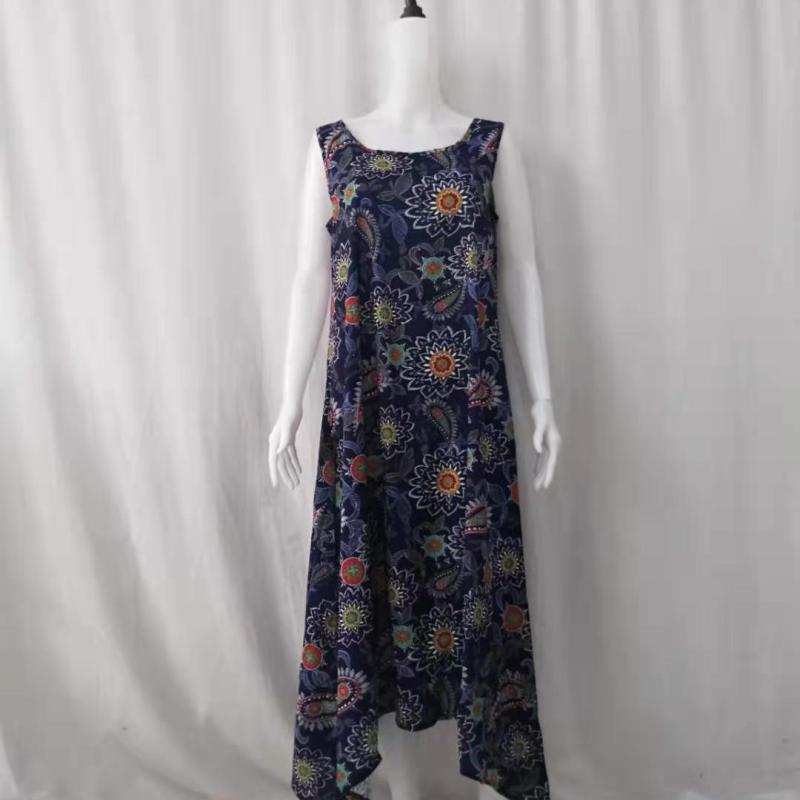 Women's Casual Chiffon Plant Printing Round Neck Sleeveless Dress