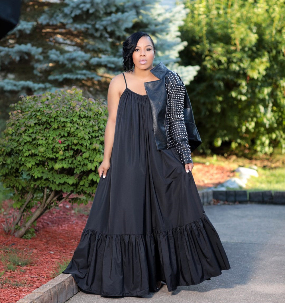 Women's Summer Loose Solid Color Sling Maxi Dress, with Pile