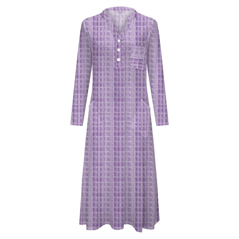 Women's Casual V-Neck Leopard Polka Dot Plaid Print Loose Midi Dress