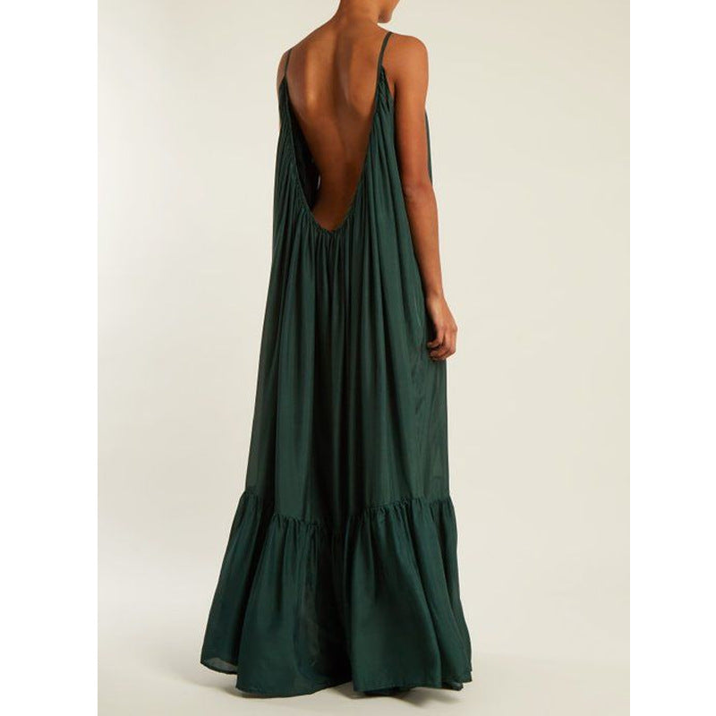 Women's Summer Loose Solid Color Sling Maxi Dress, with Pile