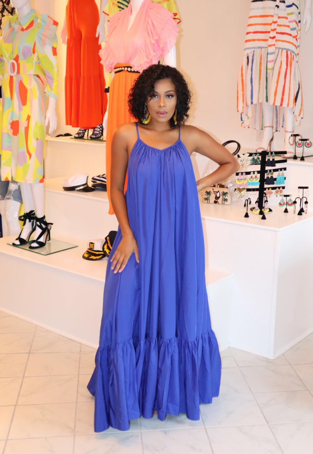 Women's Summer Loose Solid Color Sling Maxi Dress, with Pile
