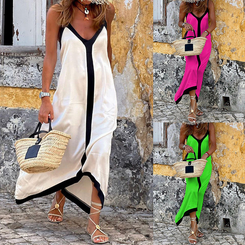 Women's Casual Color Block Maxi Dress, Sleeveless V-Neck