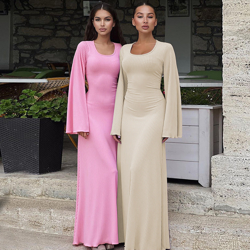 Women's Loose Solid Color Square Collar Back Lace-Up Long Sleeve Maxi Dress