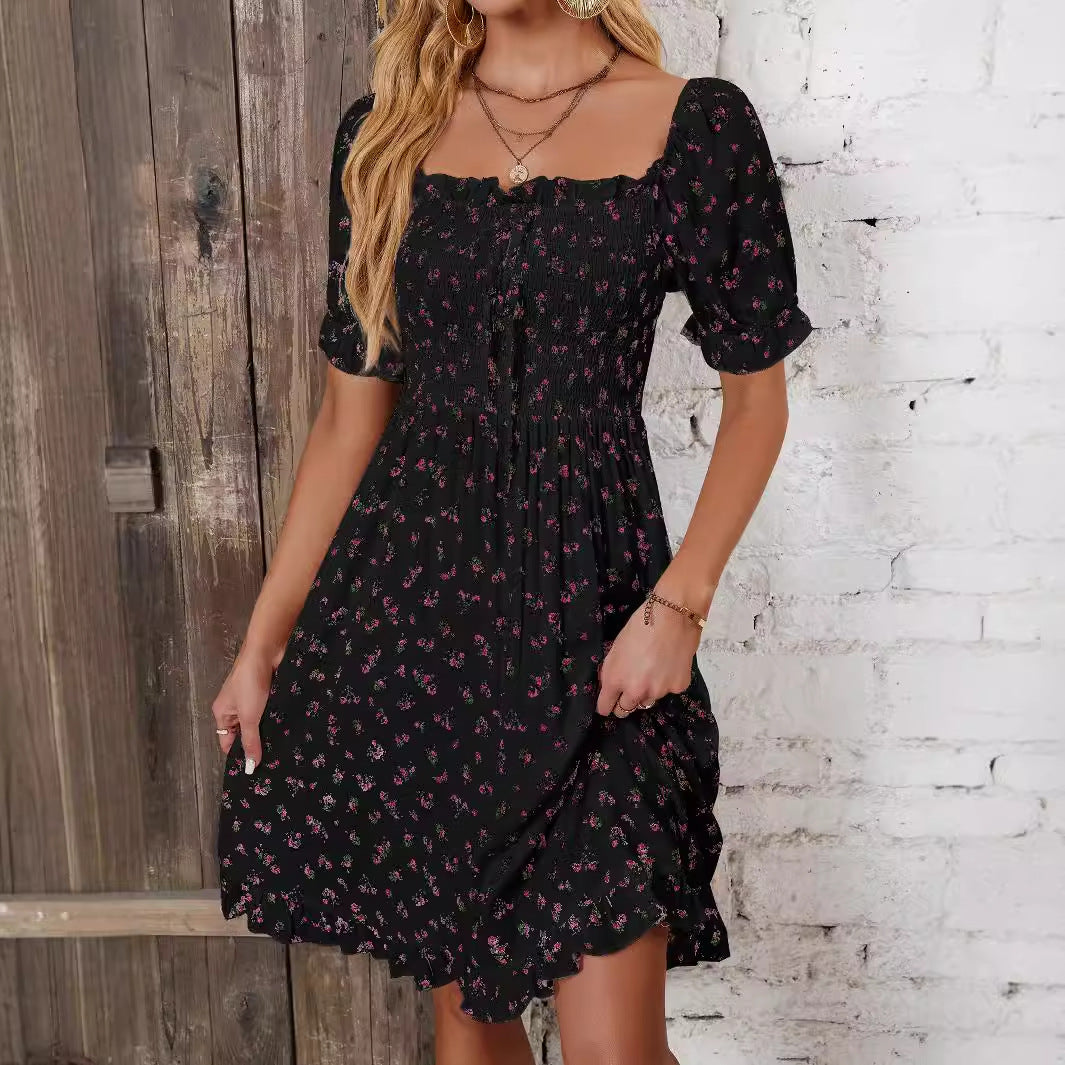 Women's Casual Floral Printed Square Collar Short Sleeve Ruffled Dress