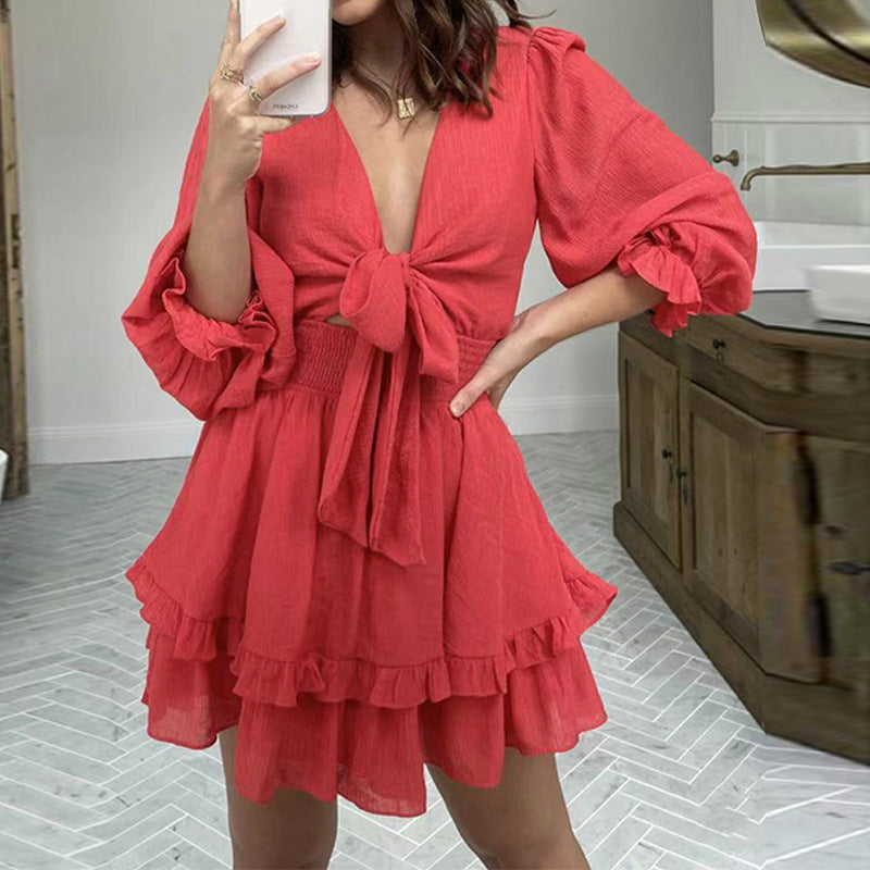 Women's Casual Solid Color V-Neck Puff Long Sleeve Lace-Up Ruffled Dress