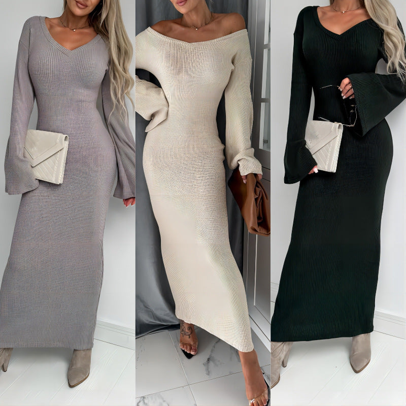 Women's Autumn Winter Sexy Knitted V-Neck Maxi Dress