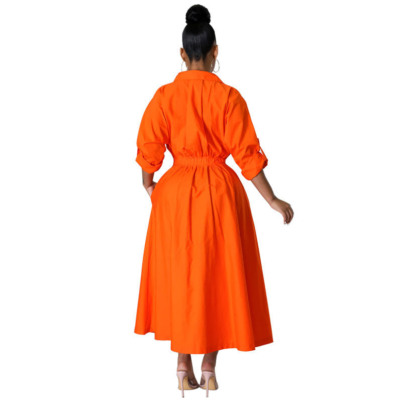Women's Autumn Solid Color Laps Long Sleeve Single-Breasted A-Line Maxi Dress