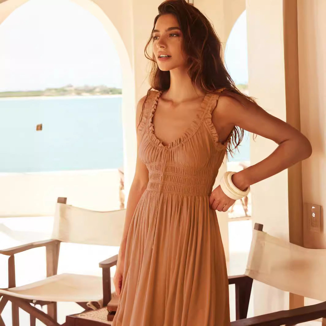 Women's Casual Solid Vacation Maxi Dress, French Style