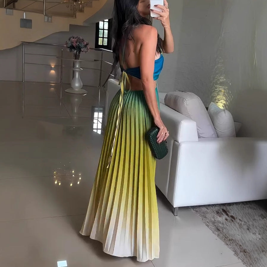Women's Sexy Gradient Pleated Sleeveless Backless Loose Maxi Dress