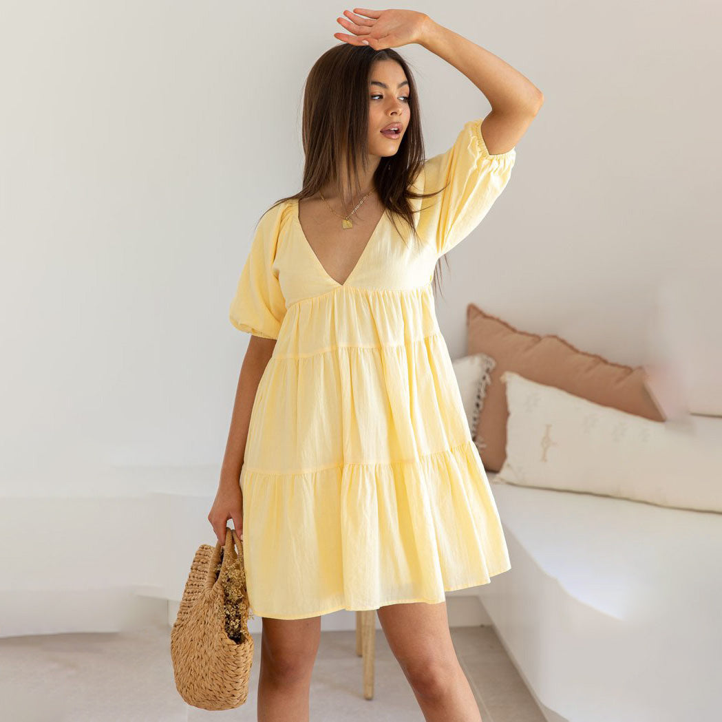 Women's Casual Solid Color V-Neck Loose Waist Puff Sleeve Dress