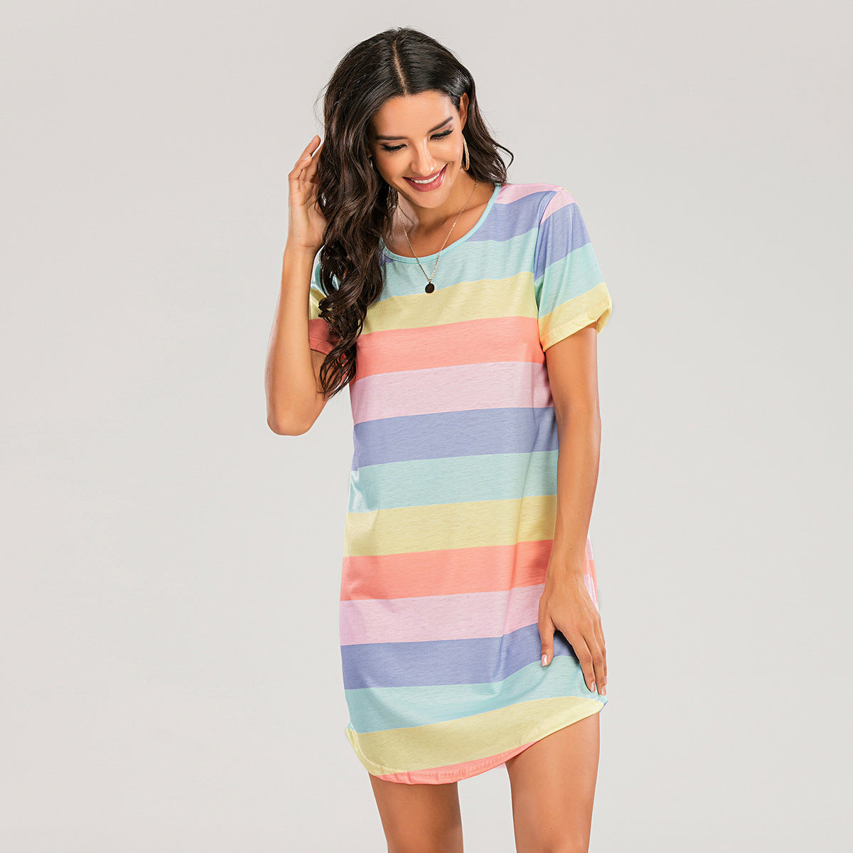 Women's Casual Spring and Summer Rainbow Stripe Short Sleeve Loose Dress