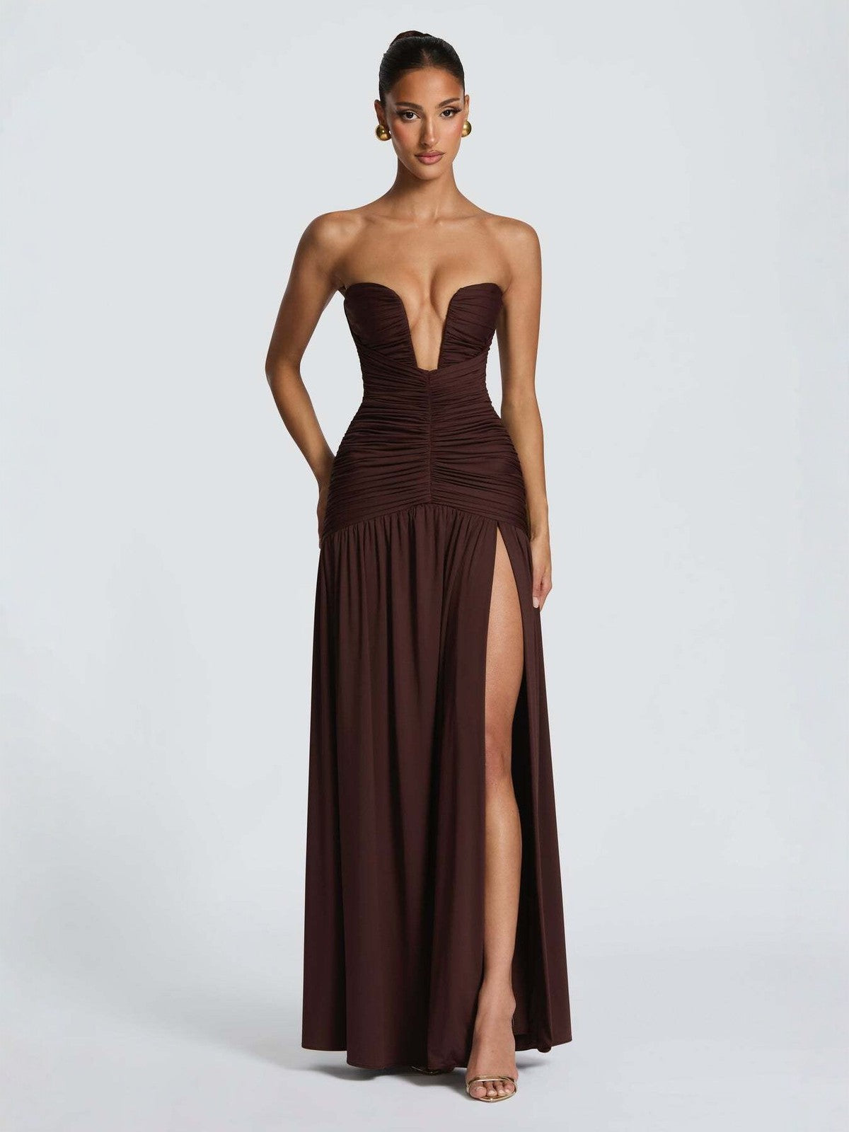 Women's Elegant Solid Color Tube Top High Split Pleated Slim-Fit Party Dress
