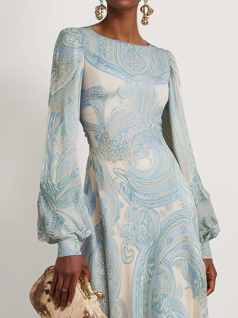 Women's Elegant Pattern Printed Round Neck Long Lantern Sleeve Long A-Line Dress