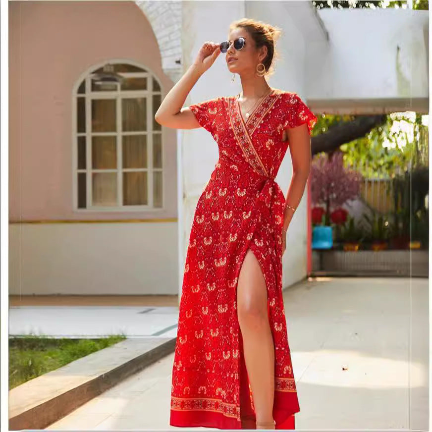 Women's Casual Boho Print V-Neck Short Sleeve Loose Dress