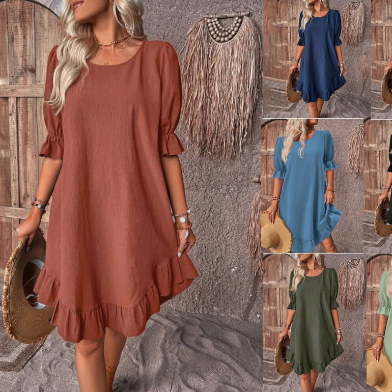Women's Summer Casual Solid Color Round Neck Loose Large Swing Dress
