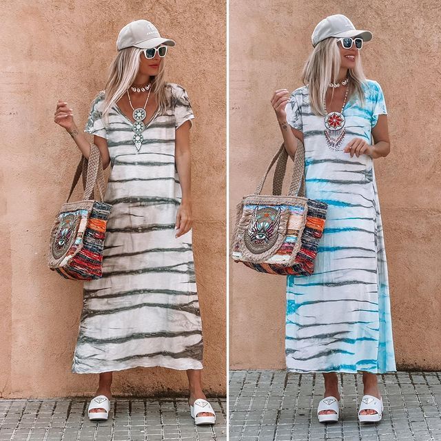 Women's Summer Casual Stripe Print Short Sleeve V-Neck Maxi Dress