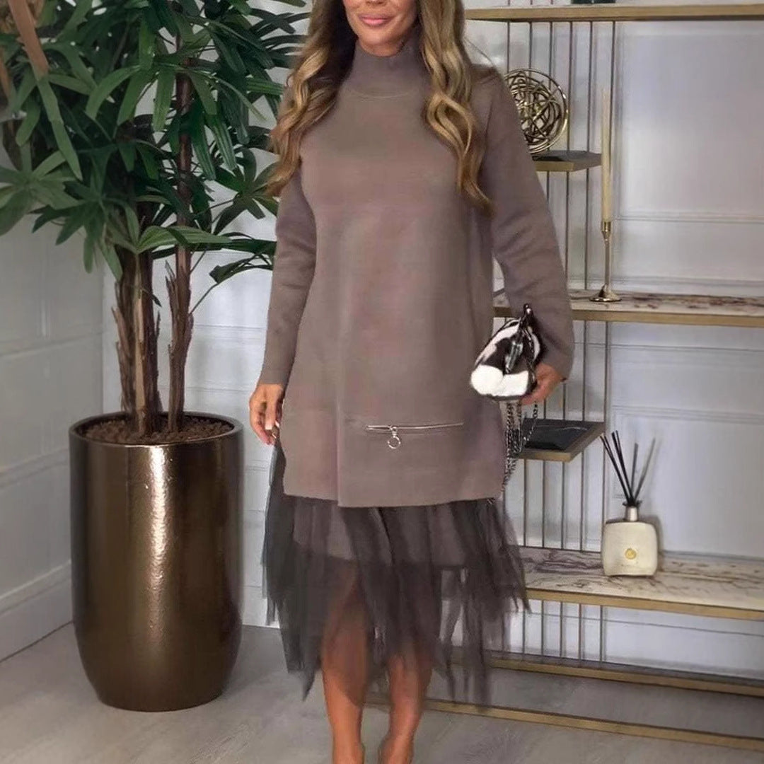 Women's Casual Mesh Stitching Long Sleeve Pullover Midi Dress
