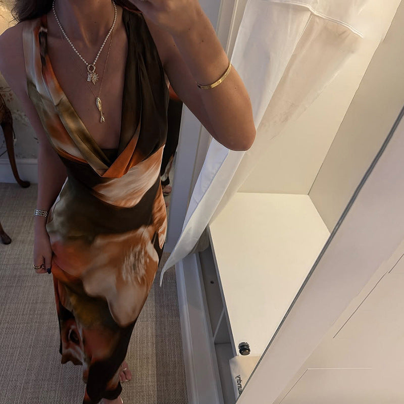 Women's Summer Vintage Cowl Neck Contrast Printed Sleeveless Maxi Dress
