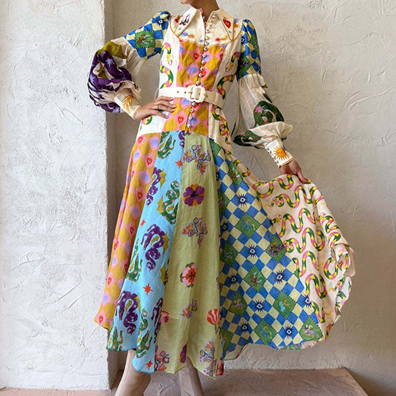 Women's Casual Fruit Floral Printed V-Neck Lantern Sleeve Midi Dress