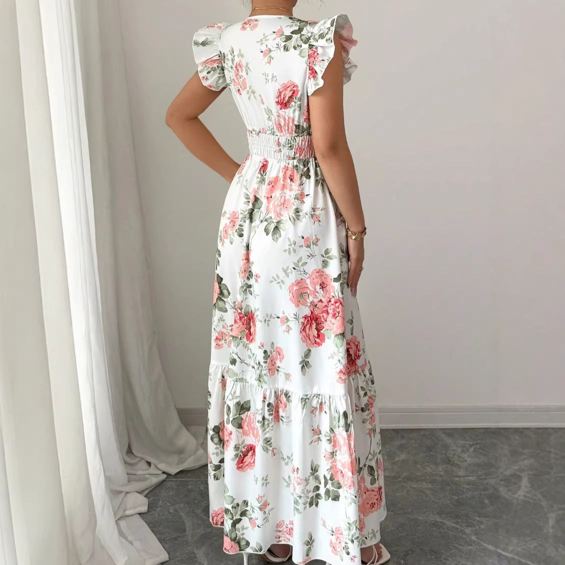 Women's Casual Elegant Summer Floral Print Hem V-Neck Short Sleeve A-Line Dress