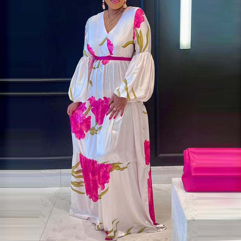 Women's V-Neck Floral Printing Long Sleeve Multi-Layer Stitching Maxi Dress